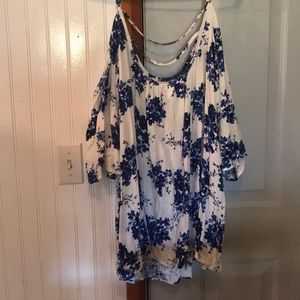 Blue & white floral cold shoulder tank
